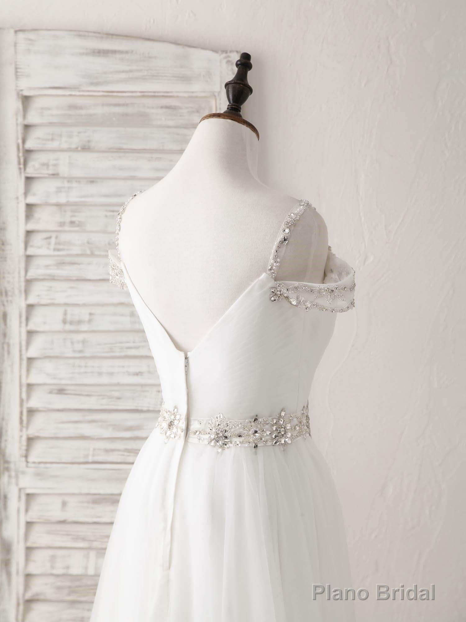 White Off Shoulder Tulle Beads Long Prom Dress White Evening Dress