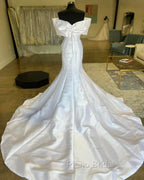 White Off-The-Shoulder Bow Trumpet Long Wedding Dresses Pure Color