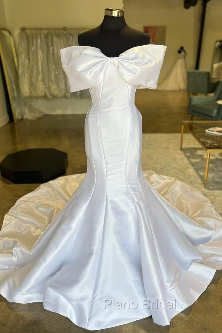 White Off-The-Shoulder Bow Trumpet Long Wedding Dresses Pure Color