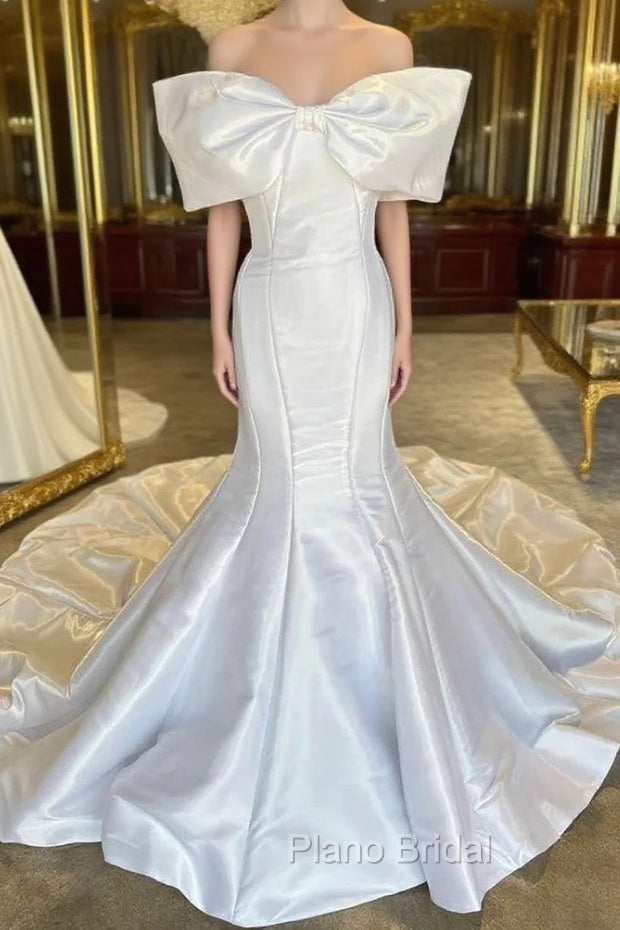 White Off-The-Shoulder Bow Trumpet Long Wedding Dresses Pure Color