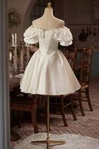 White Off The Shoulder Lace Short Formal Prom Dresses, A-Line Satin Knee Length Party Dresses