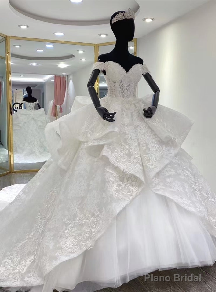 White Off the Shoulder Tulle Lace Wedding Dress Main image