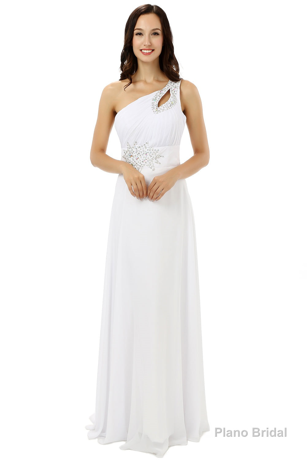 White One Shoulder Chiffon Pleats Beading Bridesmaid Dresses Main image