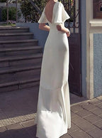 White Party Dresses Half Sleeve Formal Evening Dresses V Neck Formal Prom Dresses