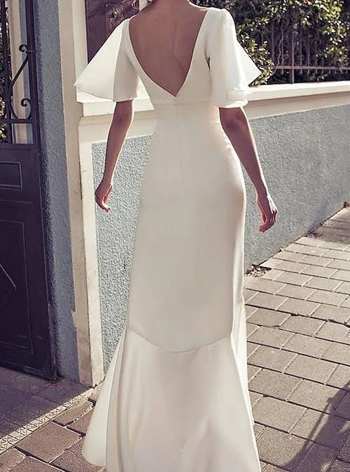 White Party Dresses Half Sleeve Formal Evening Dresses V Neck Formal Prom Dresses