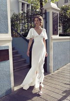 White Party Dresses Half Sleeve Formal Evening Dresses V Neck Formal Prom Dresses
