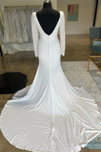 White Plunge V Open Back Long Wedding Dresses With Long Sleeves Sexy
