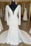 White Plunge V Open Back Long Wedding Dresses With Long Sleeves Sexy