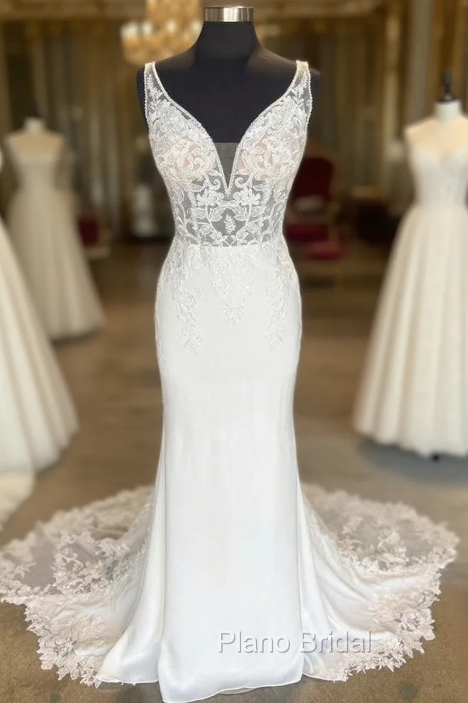 White Plunge V Strapless Lace Mermaid Long Bridal Gown Wedding Dresses