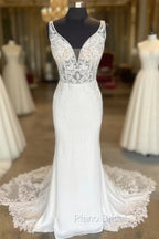 White Plunge V Strapless Lace Mermaid Long Bridal Gown Wedding Dresses