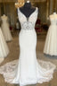 White Plunge V Strapless Lace Mermaid Long Bridal Gown Wedding Dresses