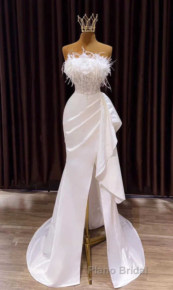 White Formal Prom Dress, Vintage Mermaid Long Slit White Wedding Dresses Secondary image