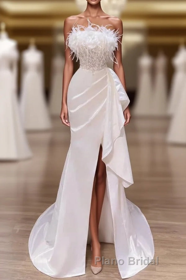White Formal Prom Dress, Vintage Mermaid Long Slit White Wedding Dresses Main image