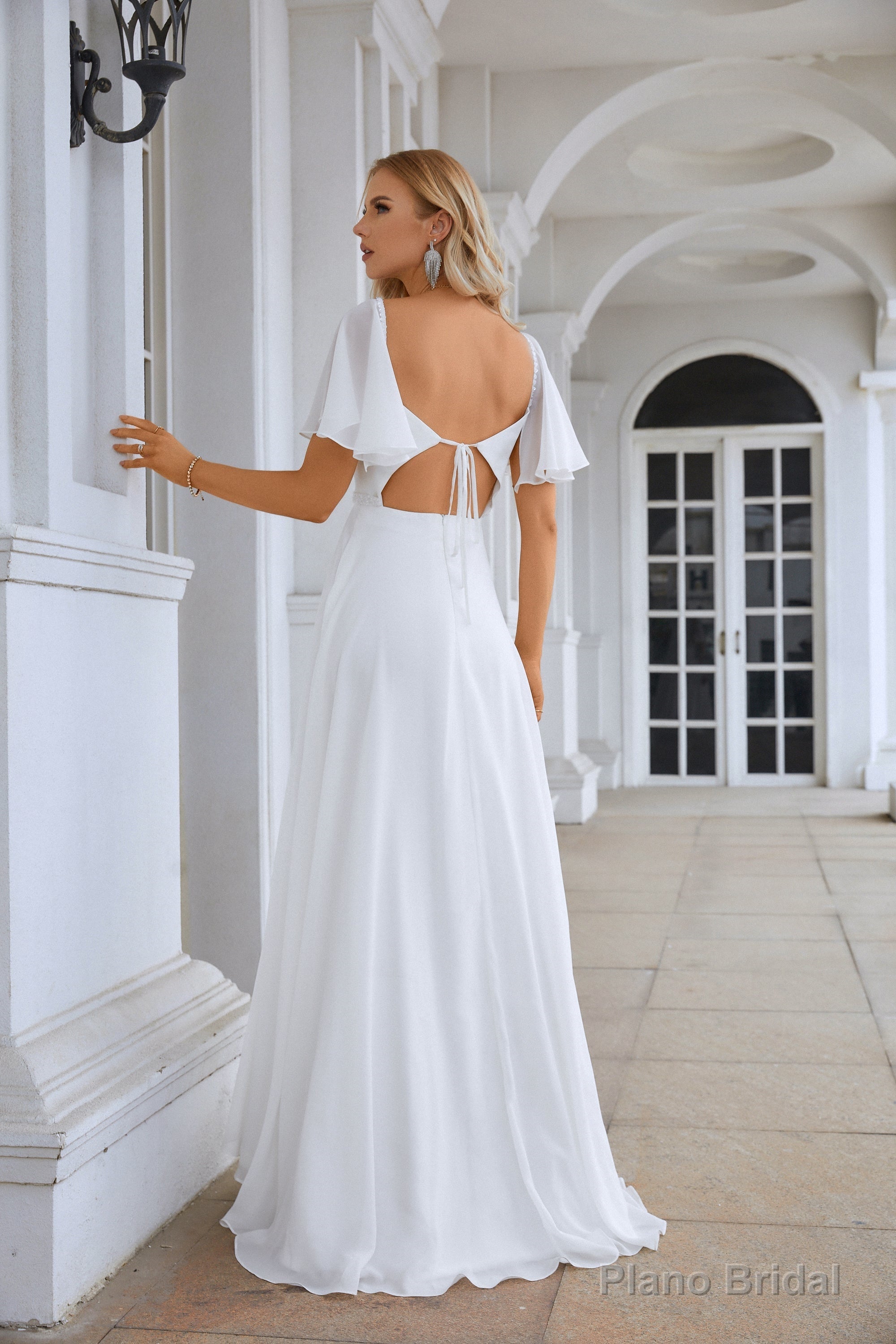 White Prom Dresses Boat Neck Chiffon Bell Sleeves A Line Slit Sequin Floor Length Fromal Bridesmaid Dresses