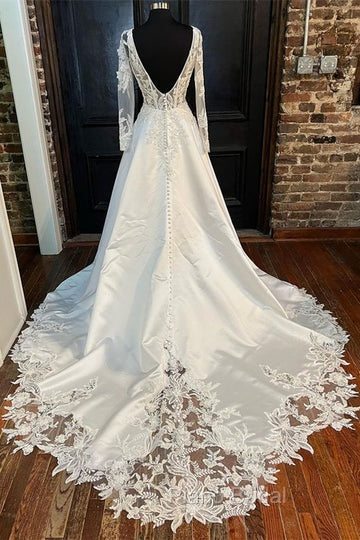 White Queen Anne Long Sleeve A-Line Wedding Dresses Beautiful