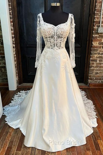 White Queen Anne Long Sleeve A-Line Wedding Dresses Beautiful