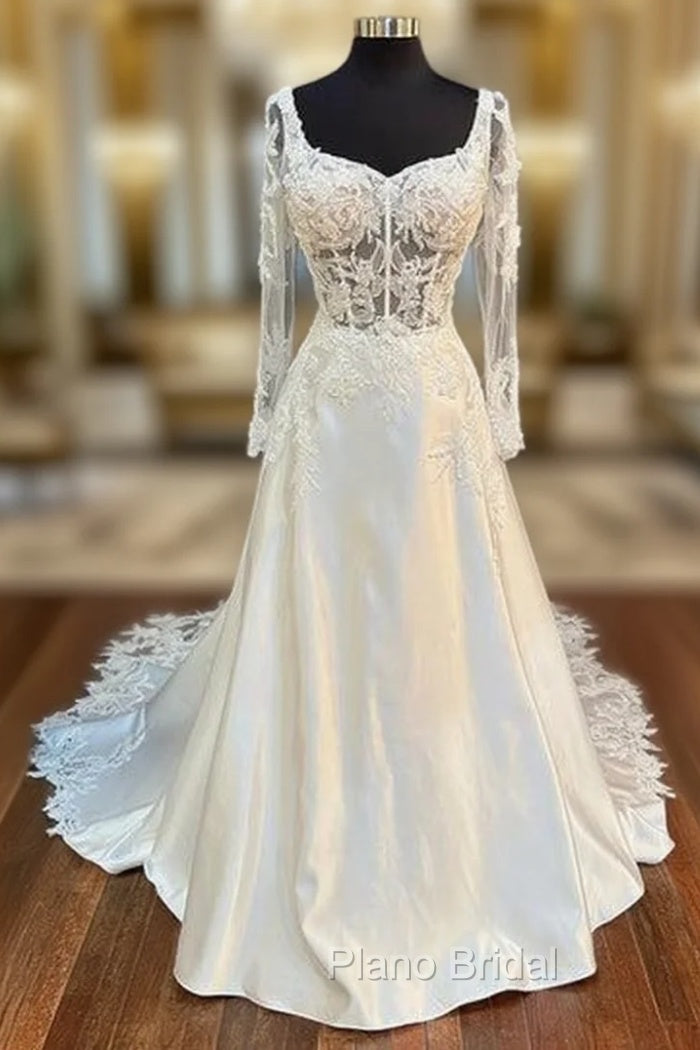 White Queen Anne Long Sleeve A-Line Wedding Dresses Beautiful Main image