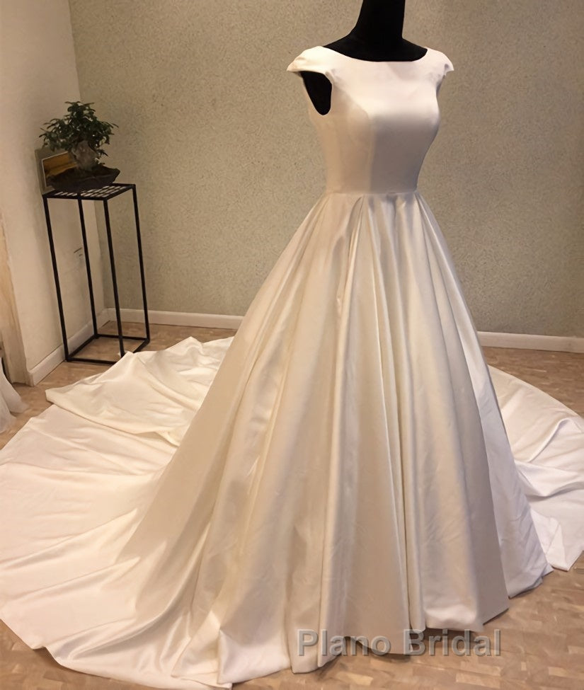White round neck satin long Formal Prom gown, evening dress
