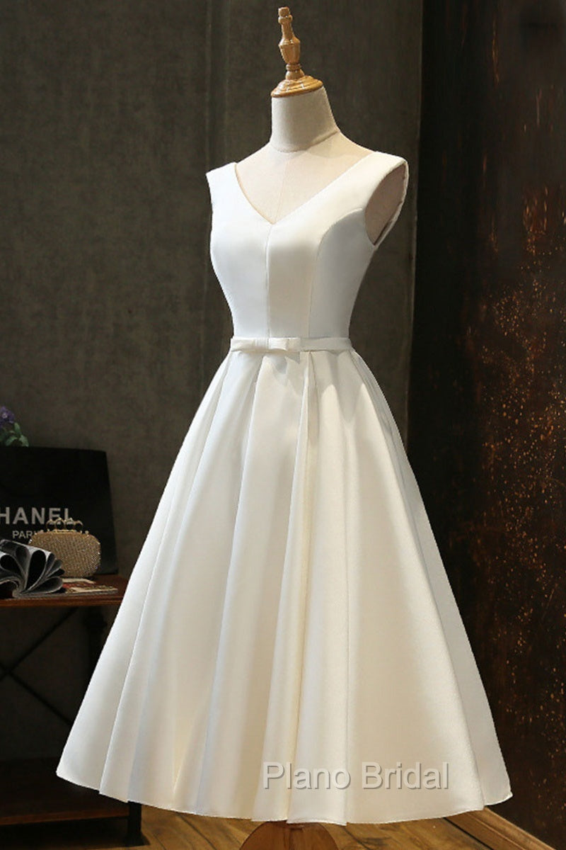 White Round Neck Satin Short Formal Prom Dresses White Homecoming Dresses