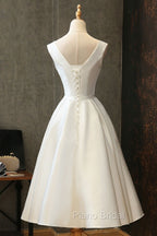 White Round Neck Satin Short Formal Prom Dresses White Homecoming Dresses