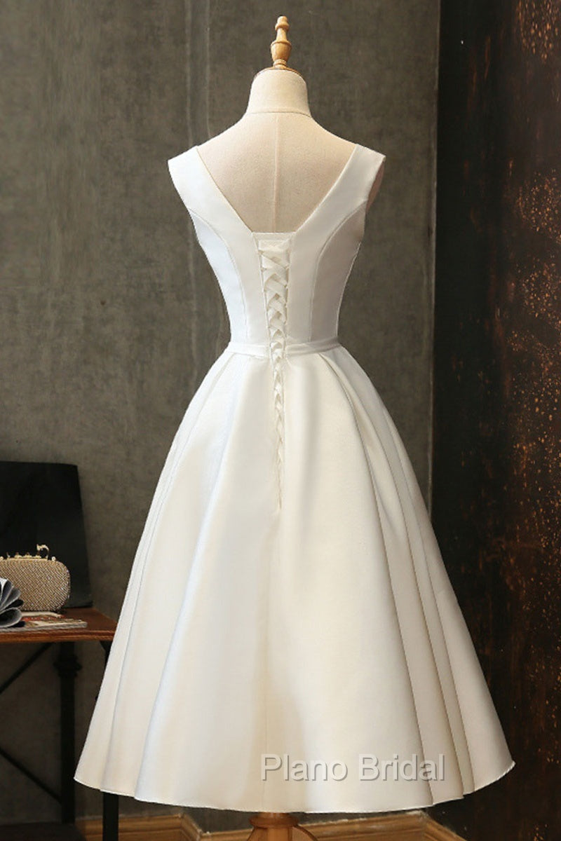 White Round Neck Satin Short Formal Prom Dresses White Homecoming Dresses