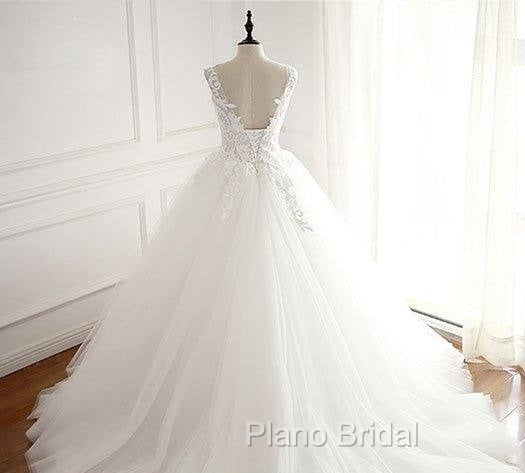 White Round Neck Tulle Lace Applique Long Wedding Dresses, White Evening Dresses Secondary image