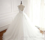 White Round Neck Tulle Lace Applique Long Wedding Dresses, White Evening Dresses