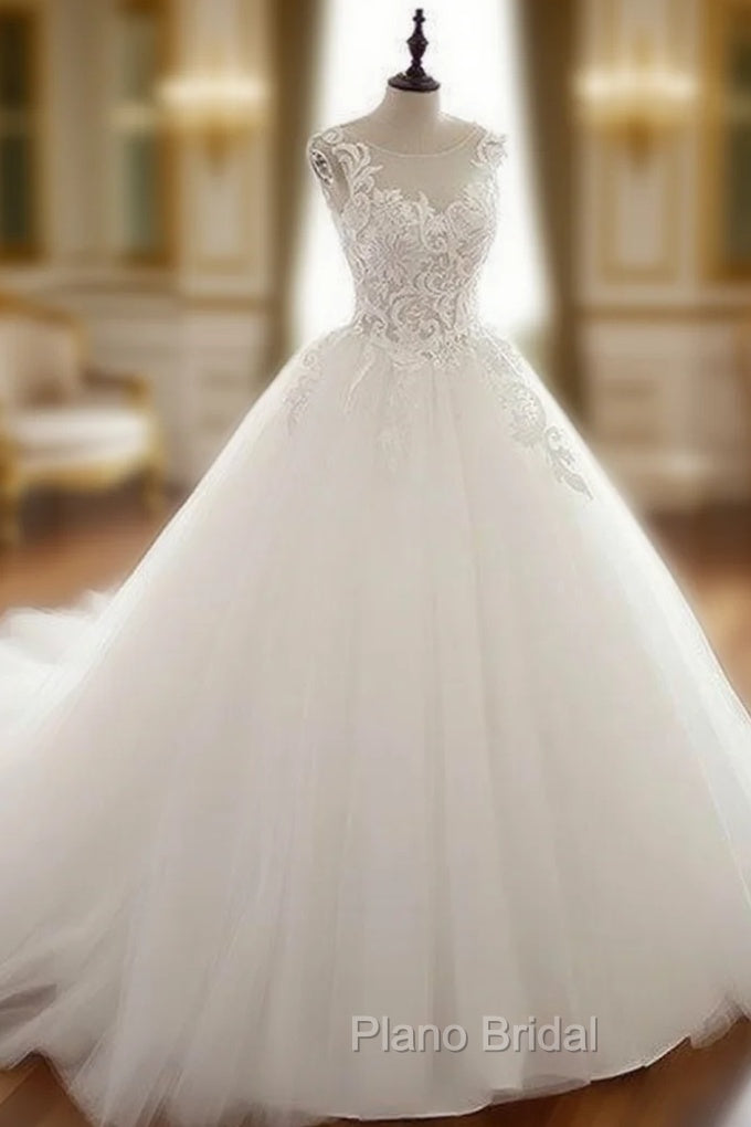 White Round Neck Tulle Lace Applique Long Wedding Dresses, White Evening Dresses Main image