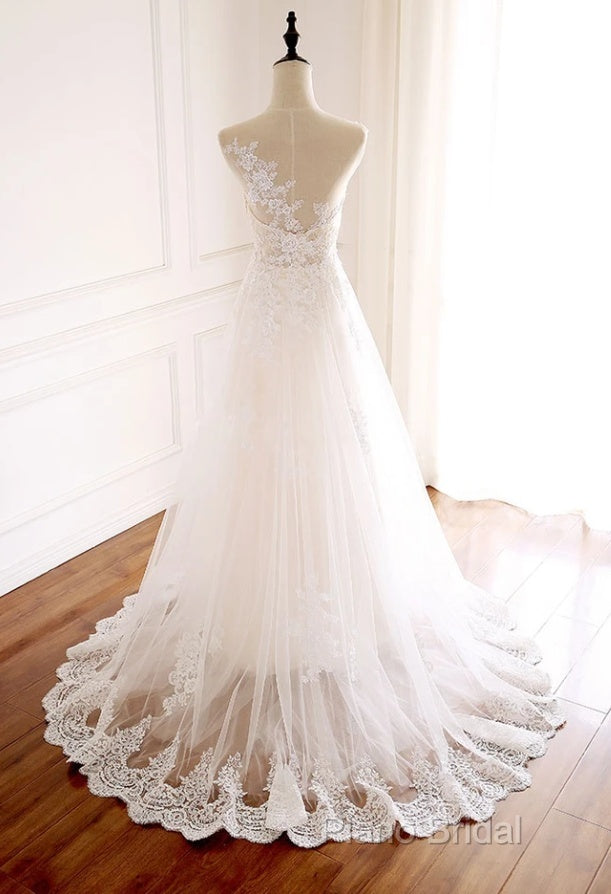 White Round Neck Tulle Lace Long Formal Prom Dresses White Tulle Wedding Dresses Secondary image
