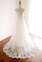 White Round Neck Tulle Lace Long Formal Prom Dresses White Tulle Wedding Dresses
