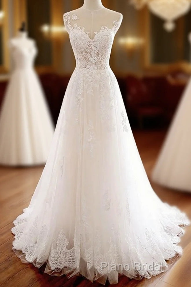 White Round Neck Tulle Lace Long Formal Prom Dresses White Tulle Wedding Dresses Main image