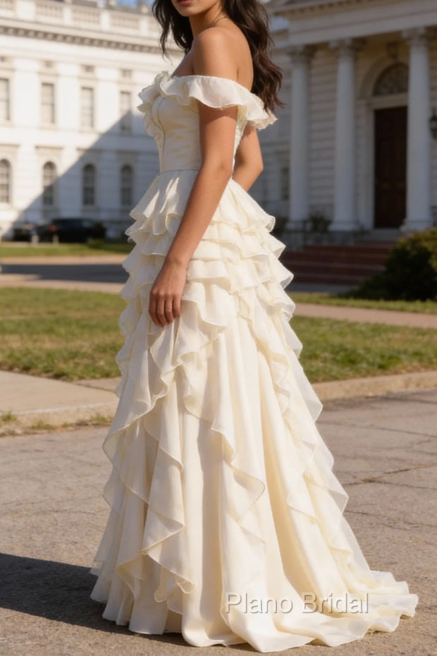 White Ruffled A-Line Square Neck Long Prom Dress Secondary image