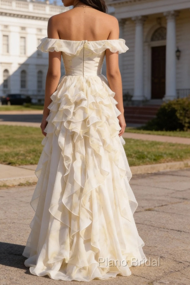White Ruffled A-Line Square Neck Long Prom Dress