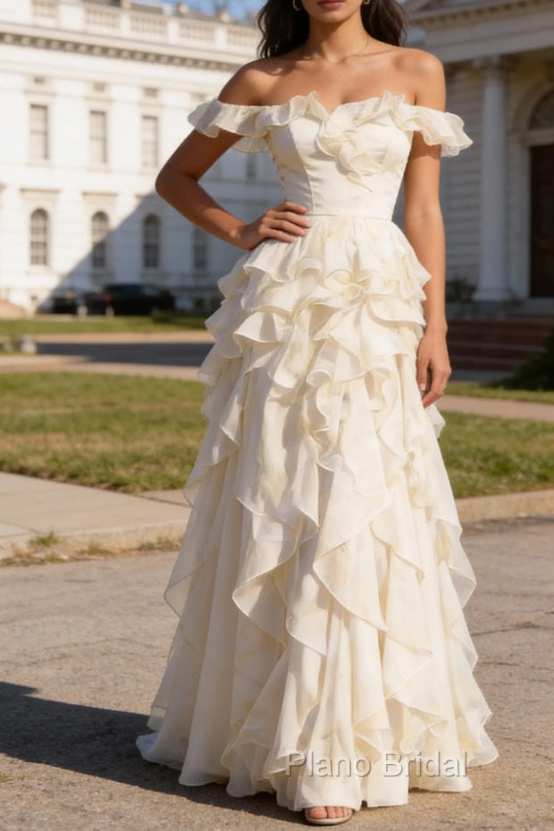 White Ruffled A-Line Square Neck Long Prom Dress