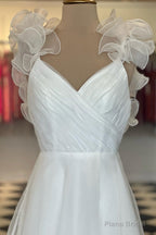 White Ruffled Straps V-Neck Pleated Long Prom Dress