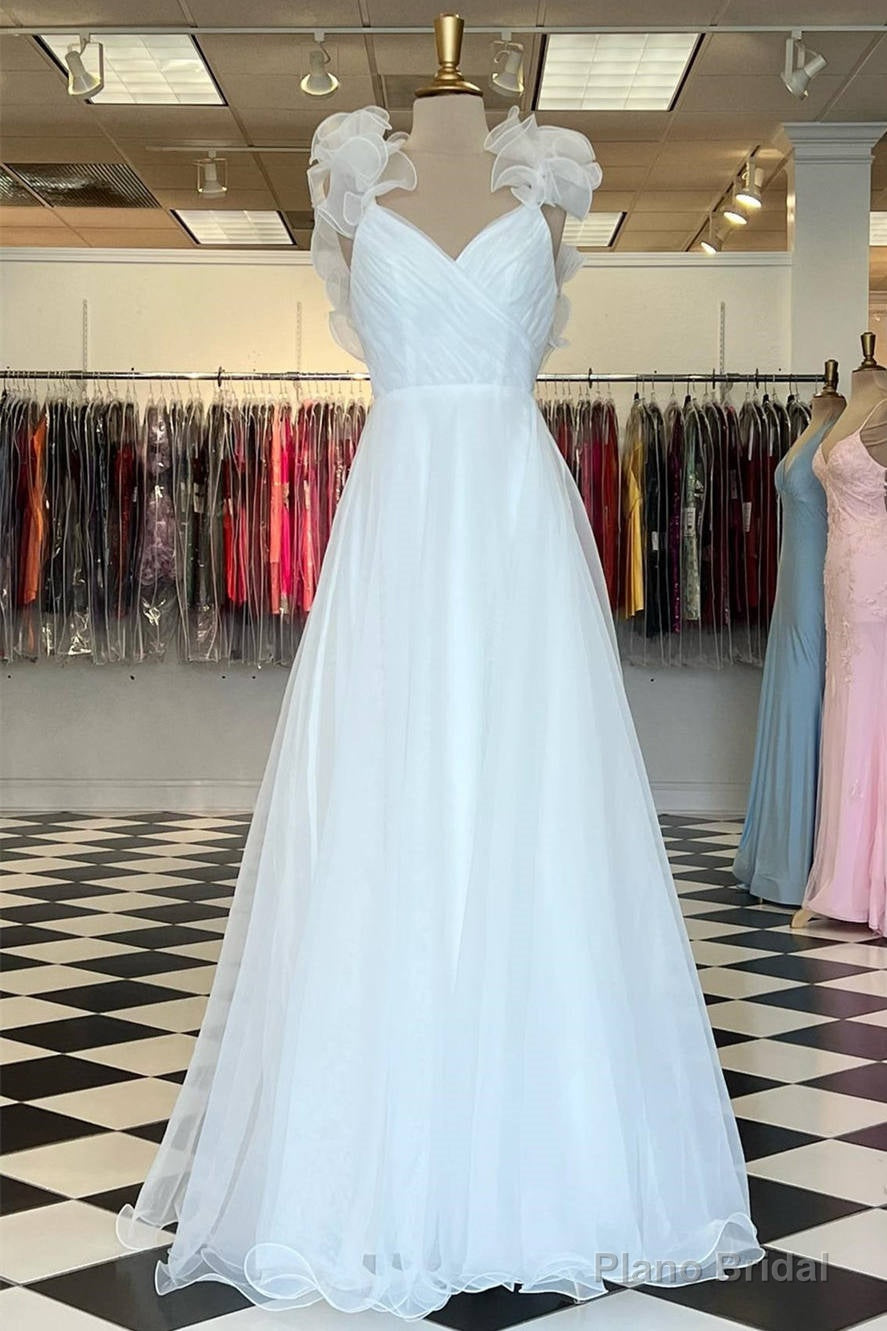 White Ruffled Straps V-Neck Pleated Long Prom Dress Main image