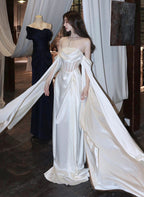 White Satin A-Line Long Scoop Long Formal Evening Dresses, White Satin Formal Prom Dresses