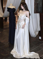 White Satin A-Line Long Scoop Long Formal Evening Dresses, White Satin Formal Prom Dresses
