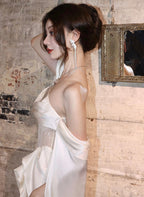 White Satin A-Line Long Scoop Long Formal Evening Dresses, White Satin Formal Prom Dresses