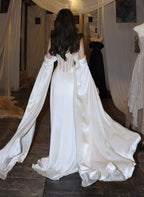 White Satin A-Line Long Scoop Long Formal Evening Dresses, White Satin Formal Prom Dresses