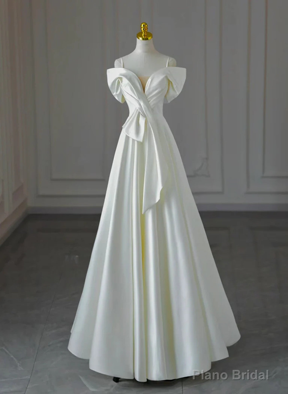 White Satin A-line Off Shoulder Evening Dress, White Satin Long Wedding Party Dress Main image