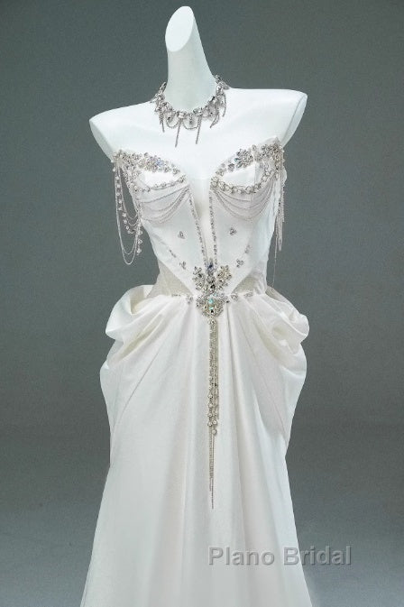 White Satin A-Line Sweetheart Beaded Long Formal Prom Dresses, Elegant Adult Ceremony Graduation Formal Prom Dresses Secondary image