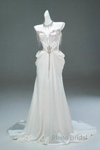 White Satin A-Line Sweetheart Beaded Long Formal Prom Dresses, Elegant Adult Ceremony Graduation Formal Prom Dresses