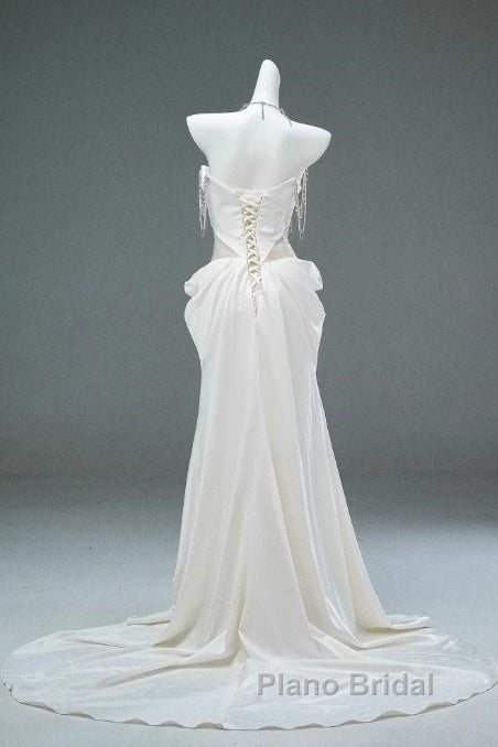 White Satin A-Line Sweetheart Beaded Long Formal Prom Dresses, Elegant Adult Ceremony Graduation Formal Prom Dresses