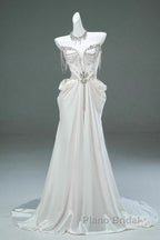 White Satin A-Line Sweetheart Beaded Long Formal Prom Dresses, Elegant Adult Ceremony Graduation Formal Prom Dresses
