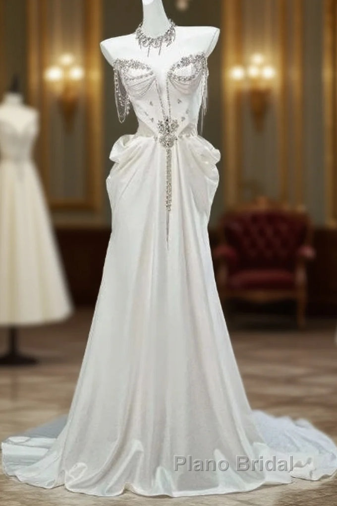 White Satin A-Line Sweetheart Beaded Long Formal Prom Dresses, Elegant Adult Ceremony Graduation Formal Prom Dresses Main image