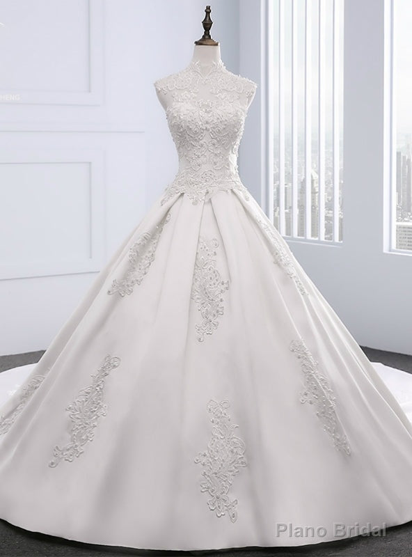 White Satin Appliques Pearls High Neck With Train Wedding Dress Main image