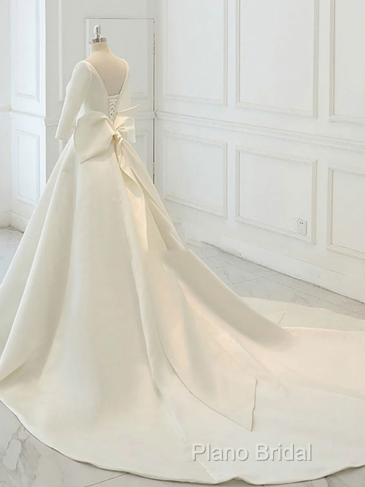 White Satin Backless 3/4 Sleeve Wedding Dresses Party Formal Prom Dresses
