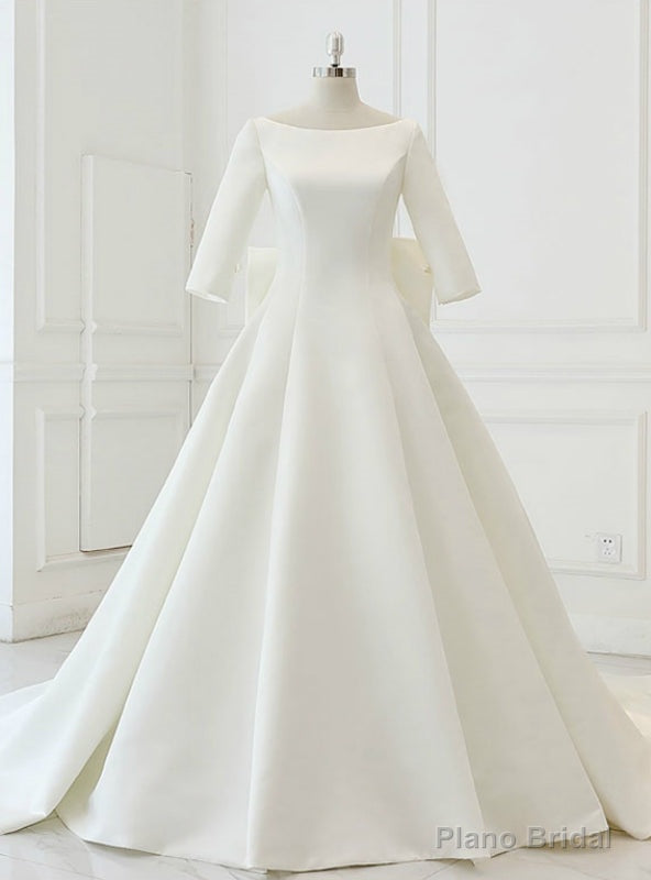 White Satin Backless 3/4 Sleeve Wedding Dress With Big Bow Main image