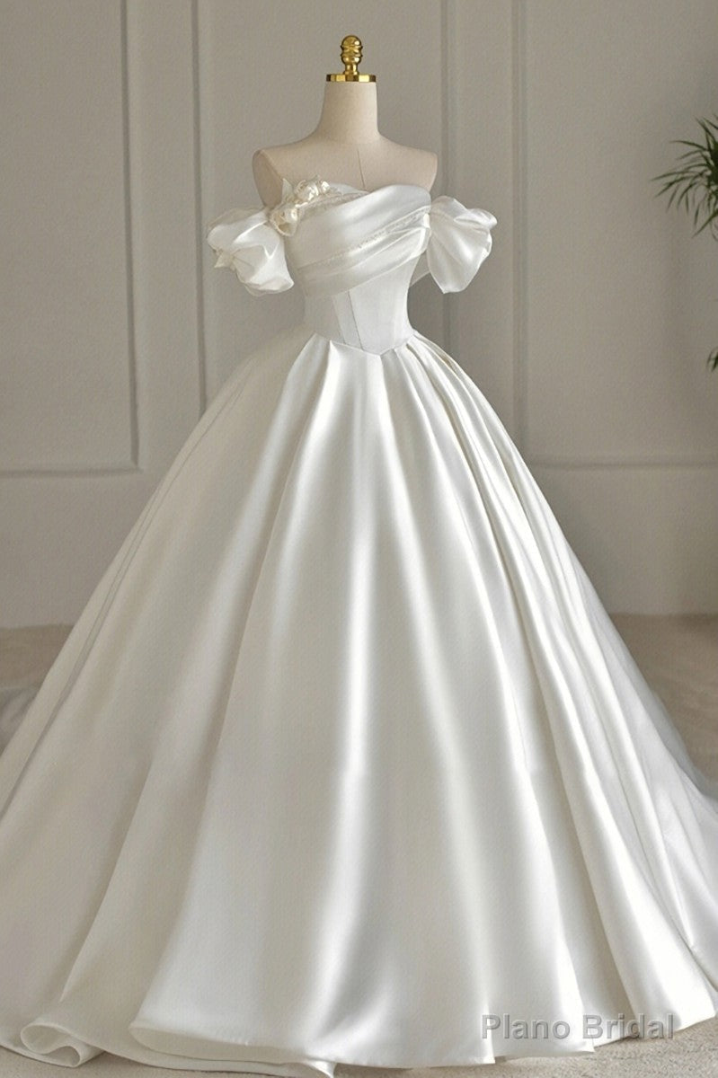 White Satin Beading Strapless Pleats Wedding Dress Main image